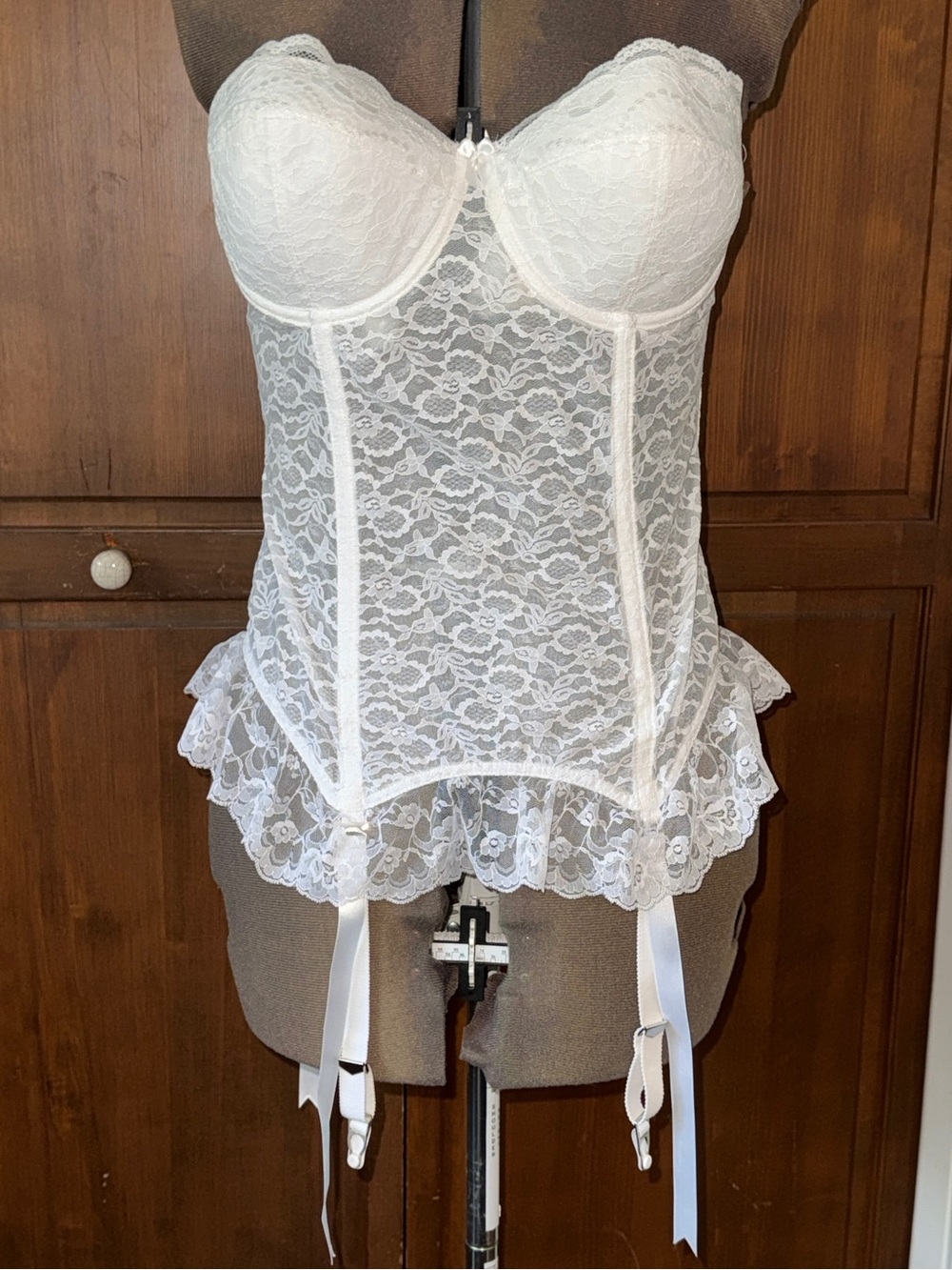 Vintage Goddess "Merry Widow" Lace Bridal Corset Bustier Garter Clips 38B EXC